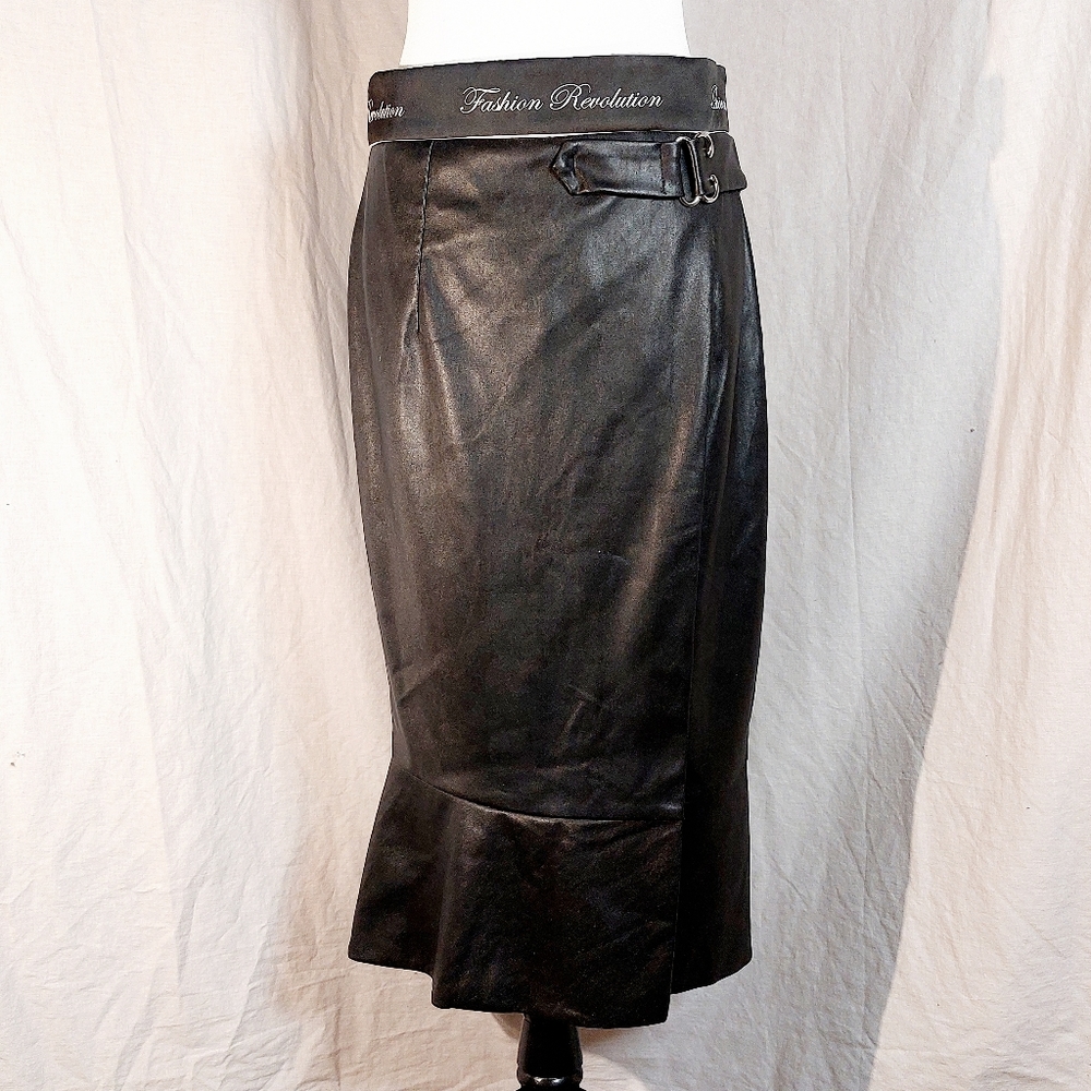 Babylon Italia Eureka black faux leather midi tulip skirt, IT46/US10, NWT